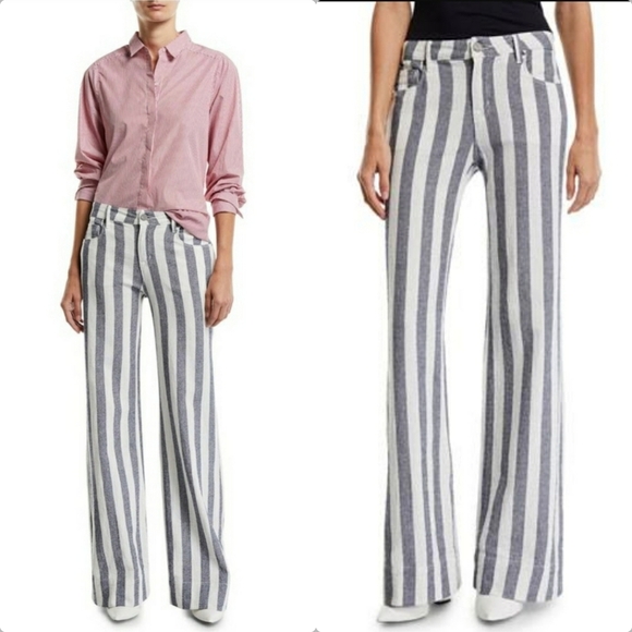 PARKER SMITH Pants - Parker Smith Sailor Mid-Rise Striped Denim Palazzo Flare Nautical Pants …